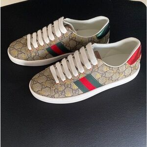 Gucci Monogram Sneakers with Red and Green Stripes